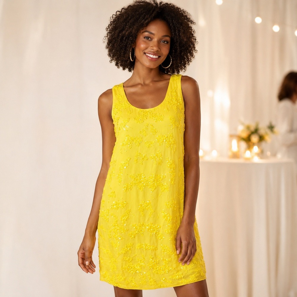 French Connection Shift Dress Yellow Sequin Floral Sleeveless Party Size 6